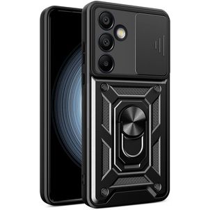 Mobigear Armor Ring Cam Slide Samsung Galaxy S24 FE Hülle Hardcase Backcover Stoßfest mit Ringhalter und Kamera Slider - Schwarz