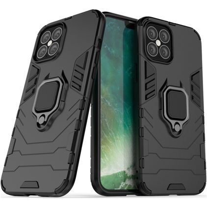 Mobigear Armor Ring iPhone 12 Hülle Hardcase Backcover Stoßfest mit Ringhalter - Schwarz