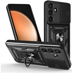 Mobigear Armor Ring Cam Slide Samsung Galaxy S25 FE Hülle Hardcase Backcover Stoßfest mit Ringhalter und Kamera Slider - Schwarz