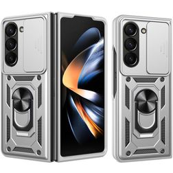 Mobigear Armor Ring Cam Slide Samsung Galaxy Z Fold 7 Hülle Hardcase Backcover Stoßfest mit Ringhalter und Kamera Slider - Silber