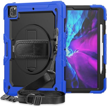 Mobigear SureGrip Xtreme iPad Pro 12,9 Zoll (2020) Hülle Kunststoff / Silikon Backcover + Stylus-Halter + Schultergurt + Ständer - Schwarz / Blau