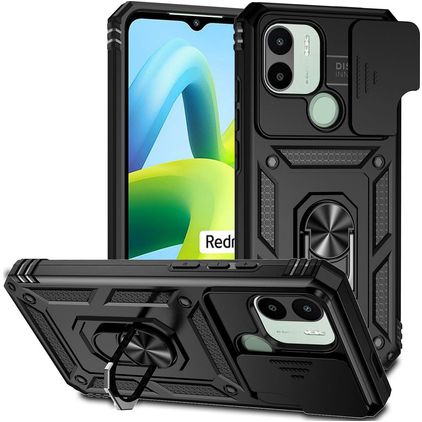 Mobigear Armor Ring Cam Slide Xiaomi Redmi A1 4G Hülle Hardcase Backcover Stoßfest mit Ringhalter und Kamera Slider - Schwarz