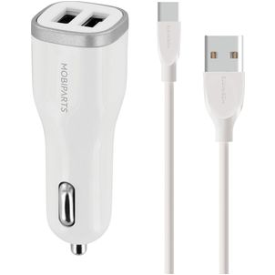 Mobiparts Dual USB Auto Ladegerät USB-C 1 Meter 12W 2.4A - Weiß