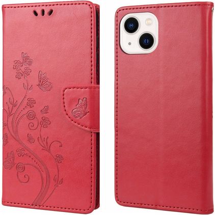 Mobigear Flowers iPhone 14 Hülle Klapphülle Geldbörse - Rot