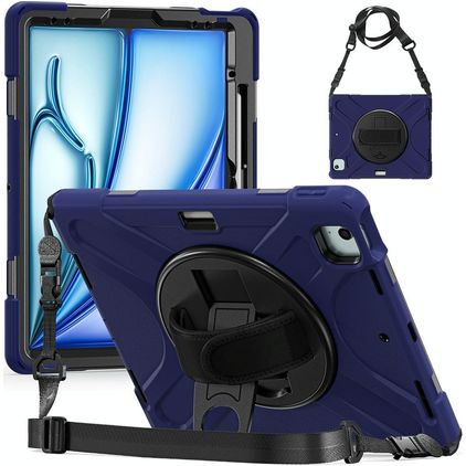 Mobigear SureGrip XGuard iPad Air 13 Zoll (2024) Hülle Kunststoff,Silikon Backcover + Stifthalter + Schulterträger + Ständer - Marineblau