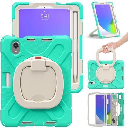 Mobigear RingGuard iPad Mini 7 (2024) Hülle Kunststoff,Silikon Backcover + Stifthalter + Schulterträger + Ständer - Türkis
