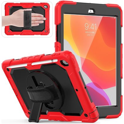 Mobigear SureGrip Xtreme iPad 9 (2021) Hülle Kunststoff,Silikon Backcover + Stifthalter + Schulterträger + Ständer - Schwarz / Rot