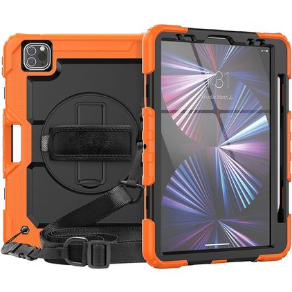 Mobigear SureGrip Xtreme iPad Air 11 Zoll (2024) Hülle Kunststoff,Silikon Backcover + Stifthalter + Schulterträger + Ständer - Orange