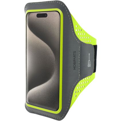 Mobiparts Comfort Fit Handyhalterung Joggen iPhone 15 Pro Sporthülle Neopren Sportarmband - Neon Green