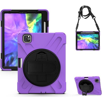 Mobigear SureGrip iPad Air 5 (2022) Hülle Kunststoff,Silikon Backcover + Stifthalter + Schulterträger + Ständer - Schwarz / Lila