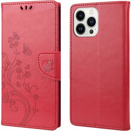 Mobigear Flowers iPhone 14 Pro Max Hülle Klapphülle Geldbörse - Rot