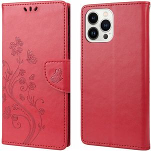 Mobigear Flowers iPhone 14 Pro Max Hülle Klapphülle Geldbörse - Rot