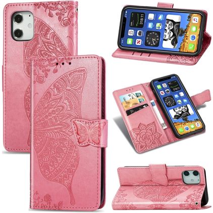 Mobigear Butterfly iPhone 12 Pro Hülle Klapphülle Geldbörse - Pink