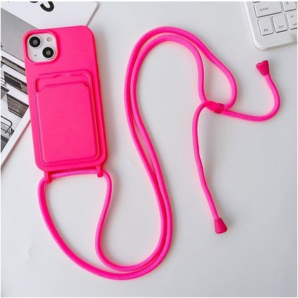 Mobigear Lanyard Card iPhone 15 Silikon Handykette mit Kartenhalter - Pink