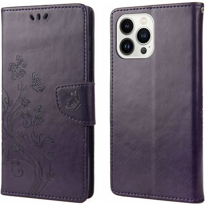 Mobigear Flowers iPhone 14 Pro Hülle Klapphülle Geldbörse - Lila