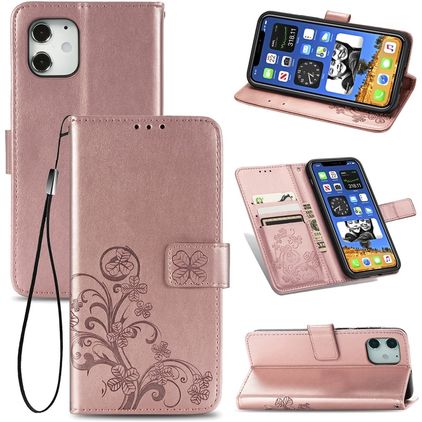 Mobigear Clover iPhone 12 Hülle Klapphülle Geldbörse - Roségold