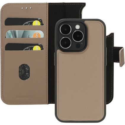 Mobiparts iPhone 15 Pro MagSafe Hülle Echtes Leder Abnehmbare 2in1 Klapphülle Geldbörse - Taupe