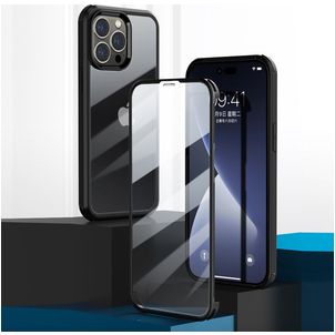 Valenta Full Cover iPhone 14 Pro Max Hülle Gehärtetes Glas Backcover Stoßfest - Transparent / Schwarz