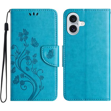 Mobigear Flowers iPhone 16 Plus Hülle Klapphülle Geldbörse - Blau