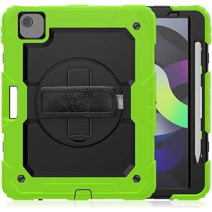 Mobigear SureGrip Xtreme iPad Air 5 (2022) Hülle Kunststoff,Silikon Backcover + Stifthalter + Schulterträger + Ständer - Schwarz / Grün