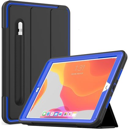 Mobigear Tri-Fold Folio iPad 8 (2020) Hülle Kunststoff,TPU Klapphülle + Stifthalter - Schwarz / Blau