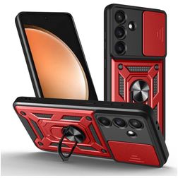 Mobigear Armor Ring Cam Slide Samsung Galaxy S25 FE Hardcase Backcover Shockproof mit Ringhalter und Kamera-Slider - Rot