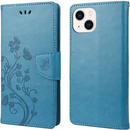 Mobigear Flowers iPhone 14 Plus Hülle Klapphülle Geldbörse - Blau