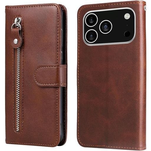 Mobigear Zipper iPhone 17 Pro Hülle Klapphülle Geldbörse - Braun