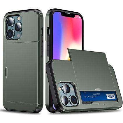 Mobigear Card iPhone 13 Pro Max Hülle Hardcase Backcover Stoßfest mit Kartenhalter - Armeegrün