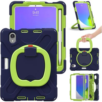 Mobigear RingGuard iPad Mini 6 (2021) Hülle Kunststoff,Silikon Backcover + Stifthalter + Schulterträger + Ständer - Blau / Grün