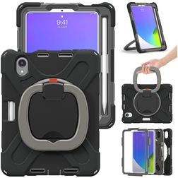 Mobigear RingGuard iPad Mini 7 (2024) Hülle Kunststoff,Silikon Backcover + Stifthalter + Schulterträger + Ständer - Schwarz