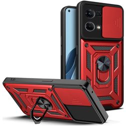 Mobigear Armor Ring Cam Slide OPPO Reno 7 4G Hülle Hardcase Backcover Stoßfest mit Ringhalter und Kamera Slider - Rot