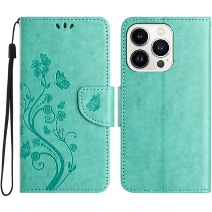 Mobigear Flowers iPhone 16 Pro Max Hülle Klapphülle Geldbörse - Grün