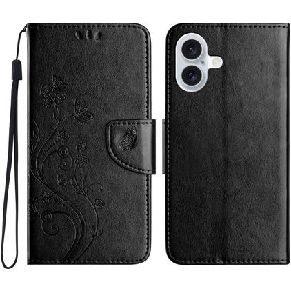Mobigear Flowers iPhone 16 Hülle Klapphülle Geldbörse - Schwarz