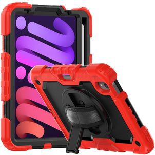 Mobigear SureGrip Xtreme iPad Mini 6 (2021) Hülle Kunststoff,Silikon Backcover + Stifthalter + Schulterträger + Ständer - Schwarz / Rot