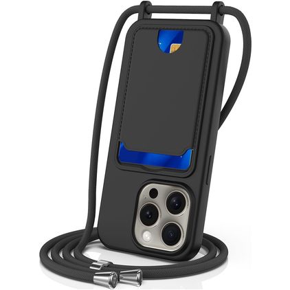 Mobigear Lanyard Card iPhone 16 Pro Silikon Handykette mit Kartenhalter - Schwarz
