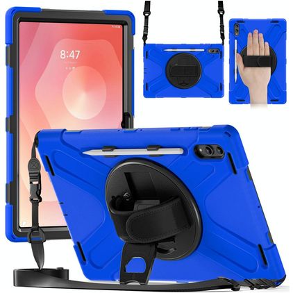 Mobigear SureGrip XGuard Samsung Galaxy Tab S11 Ultra Hülle Kunststoff,Silikon Backcover + Stifthalter + Schulterträger + Ständer - Blau