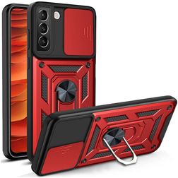 Mobigear Armor Ring Cam Slide Samsung Galaxy S22 Hülle Hardcase Backcover Stoßfest mit Ringhalter und Kamera Slider - Rot