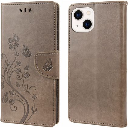 Mobigear Flowers iPhone 14 Hülle Klapphülle Geldbörse - Grau