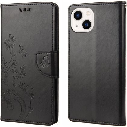Mobigear Flowers iPhone 14 Hülle Klapphülle Geldbörse - Schwarz