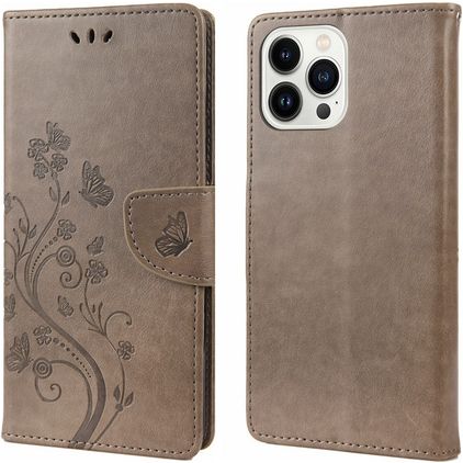 Mobigear Flowers iPhone 14 Pro Hülle Klapphülle Geldbörse - Grau