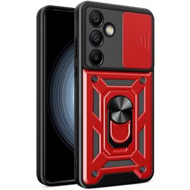 Mobigear Armor Ring Cam Slide Samsung Galaxy S24 FE Hülle Hardcase Backcover Stoßfest mit Ringhalter und Kamera Slider - Rot