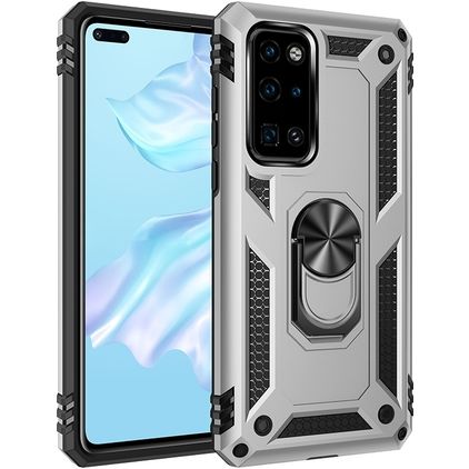 Mobigear Armor Ring Huawei P40 Hülle Hardcase Backcover Stoßfest mit Ringhalter - Silber