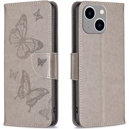 Mobigear Butterfly iPhone 15 Plus Hülle Klapphülle Geldbörse - Grau