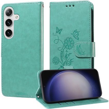 Mobigear Flowers Samsung Galaxy S25 Plus Hülle Klapphülle Geldbörse - Grün