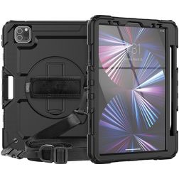 Mobigear SureGrip Xtreme iPad Pro 11 Zoll (2024) Hülle Kunststoff,Silikon Backcover + Stifthalter + Schulterträger + Ständer - Schwarz