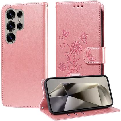 Mobigear Flowers Samsung Galaxy S25 Ultra Hülle Klapphülle Geldbörse - Roségold
