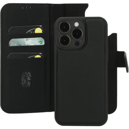 Mobiparts iPhone 15 Pro Max MagSafe Hülle Echtes Leder Abnehmbare 2in1 Klapphülle Geldbörse - Schwarz