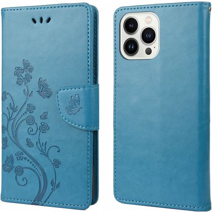 Mobigear Flowers iPhone 14 Pro Max Hülle Klapphülle Geldbörse - Blau
