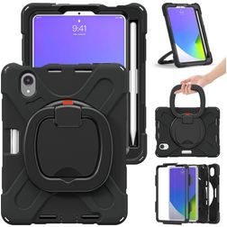 Mobigear RingGuard iPad Mini 7 (2024) Hülle Kunststoff,Silikon Backcover + Stifthalter + Schulterträger + Ständer - Schwarz